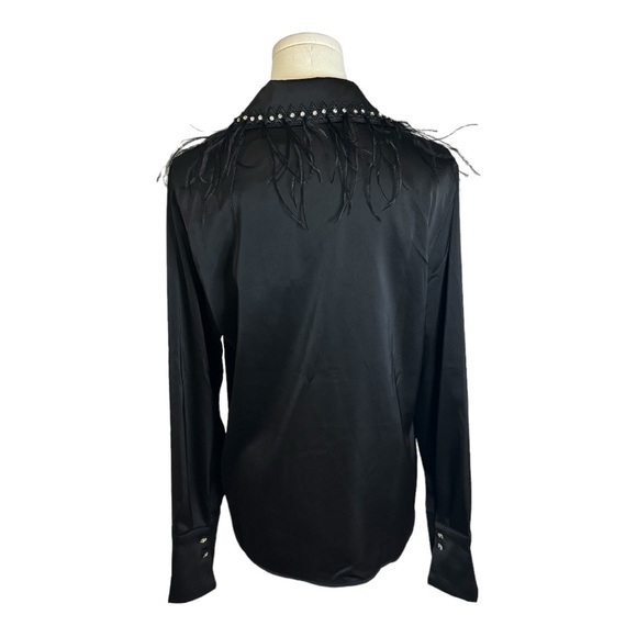 KM by Katherine Black Satin Button Up Shirt Feathers Rhinestones Long Sleeve‎ M - Picture 3 of 10